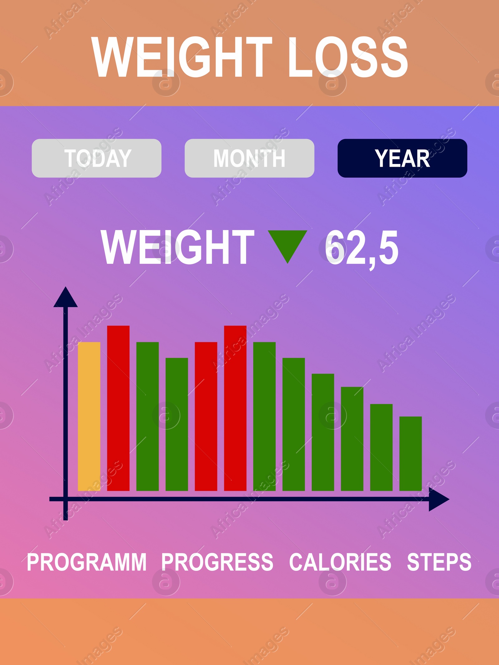 Illustration of Weight loss application counting steps and calories intake. Illustration