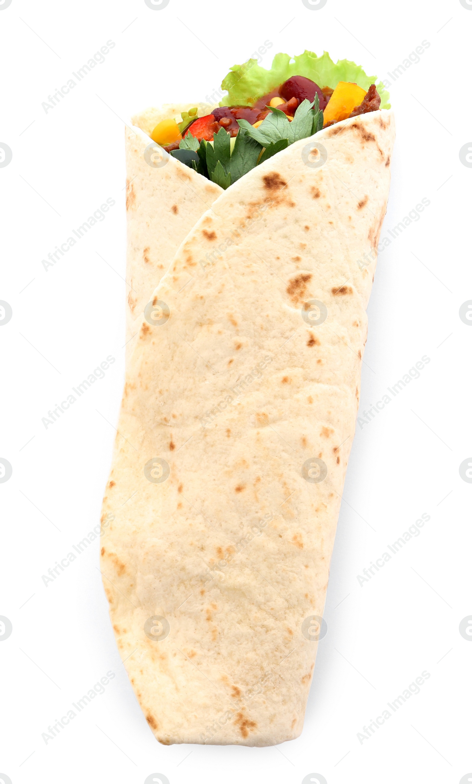 Photo of Delicious meat tortilla wrap isolated on white, top view