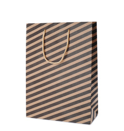 Photo of Striped paper shopping bag isolated on white