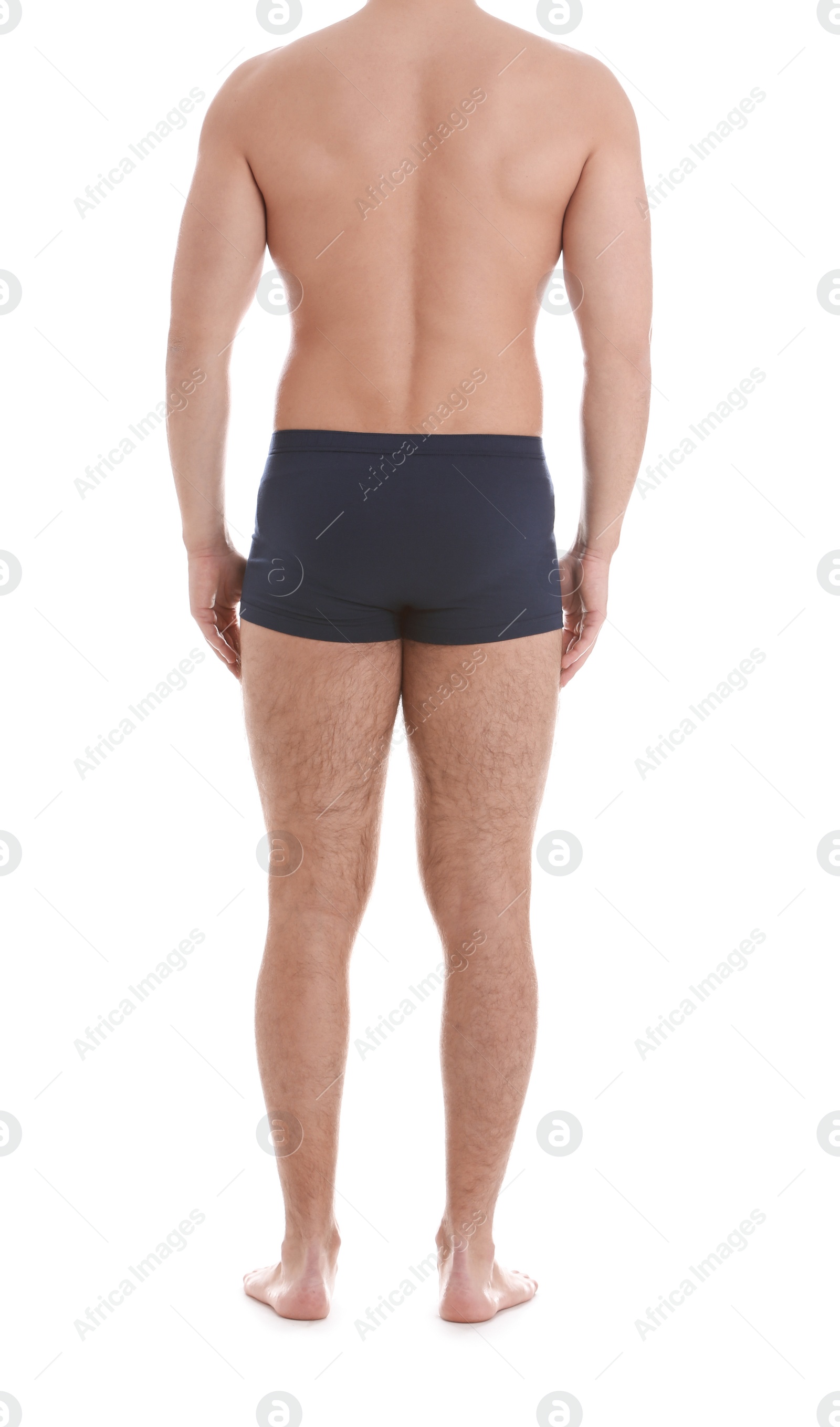 Photo of Young athletic man on white background, closeup. Weight loss