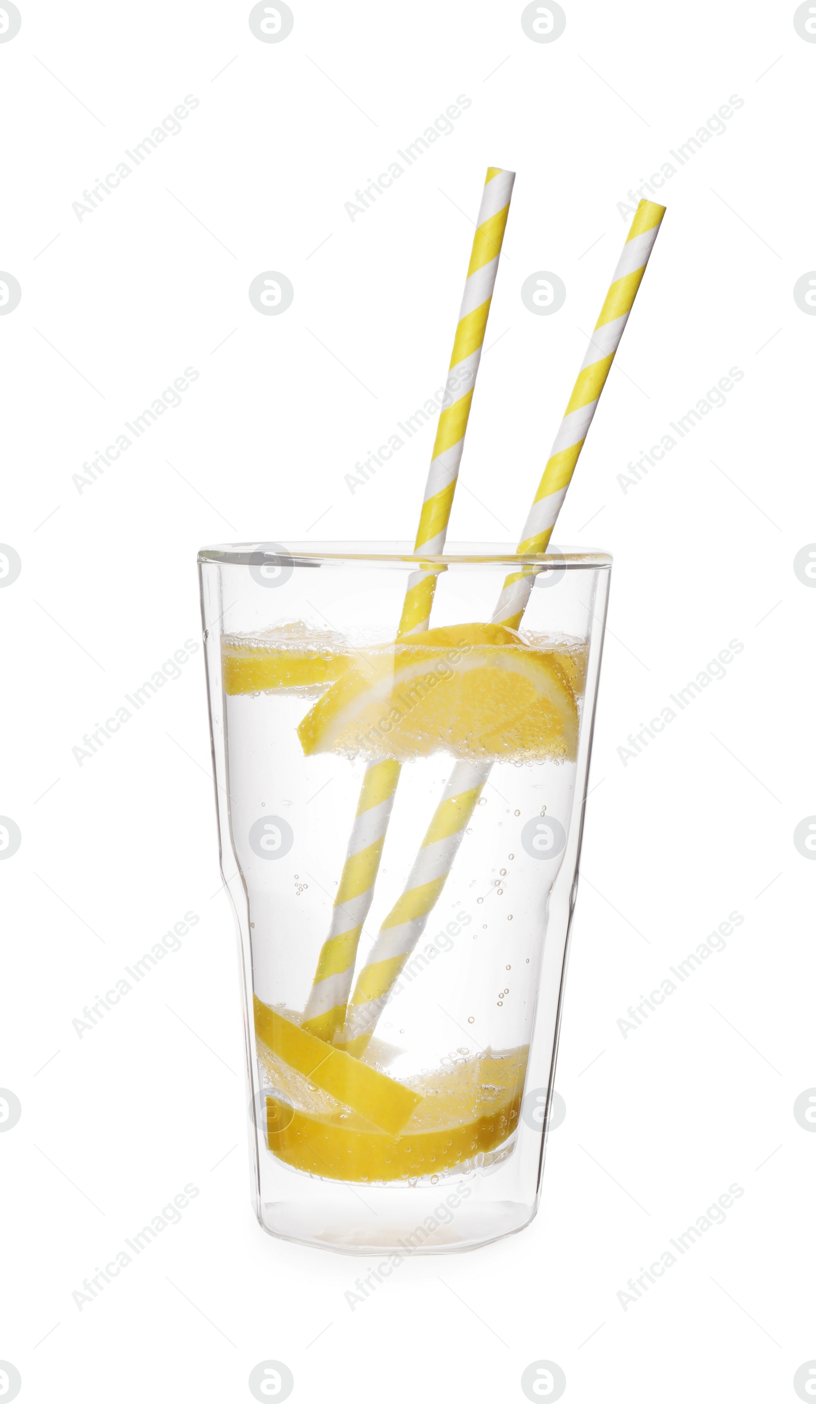 Photo of Soda water with lemon slices and straws isolated on white