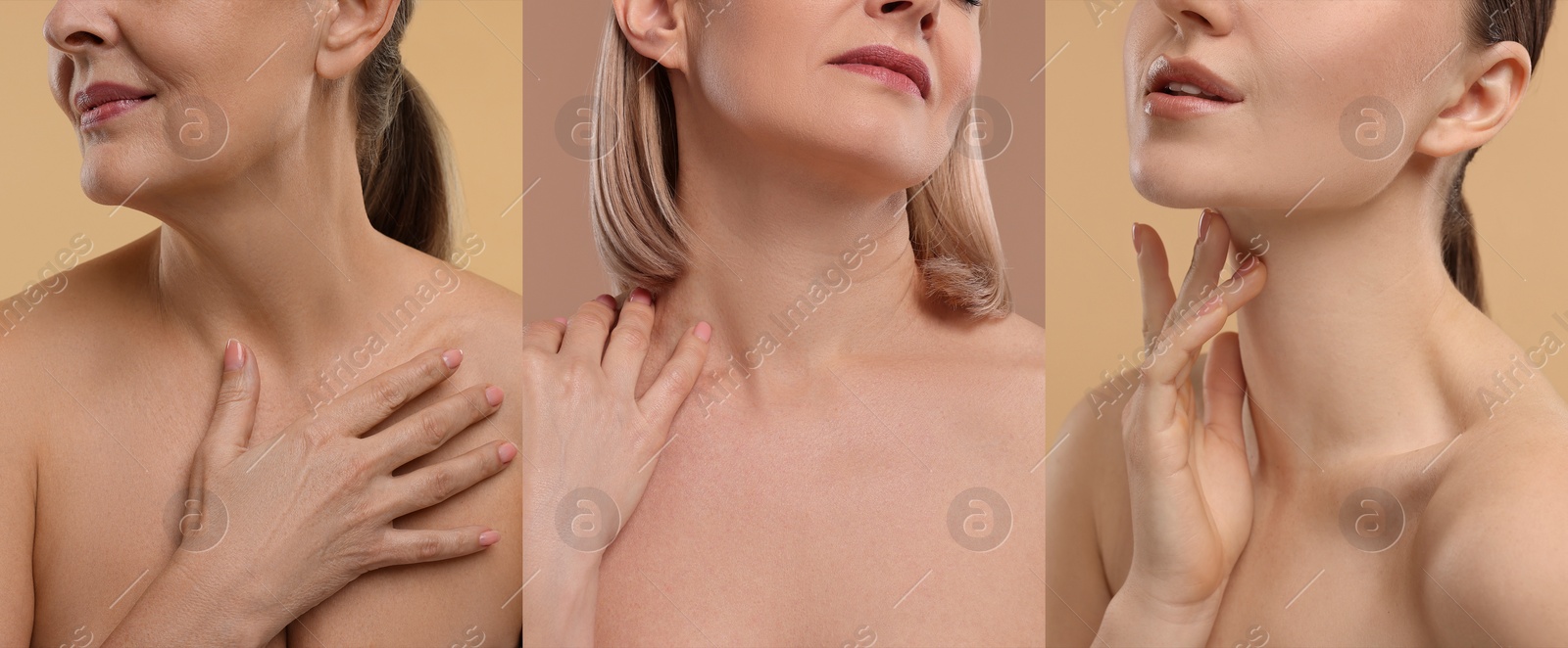 Image of Women with healthy skin on color backgrounds, set of photos