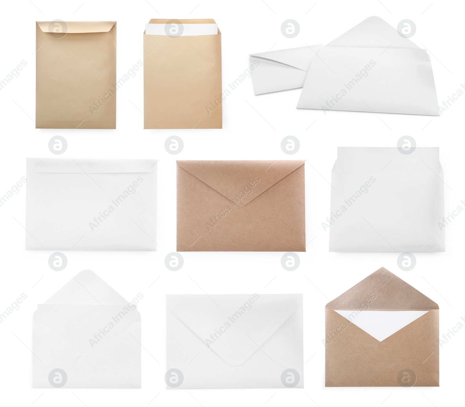 Image of Set with different blank paper envelopes on white background