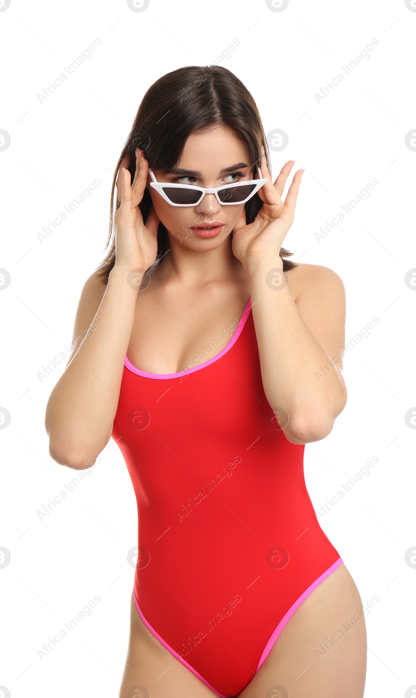 Photo of Beautiful young woman wearing swimsuit and sunglasses on white background