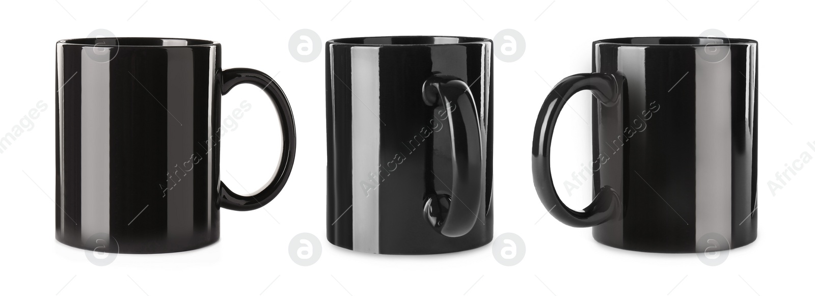 Image of Set with black ceramic mugs on white background. Banner design