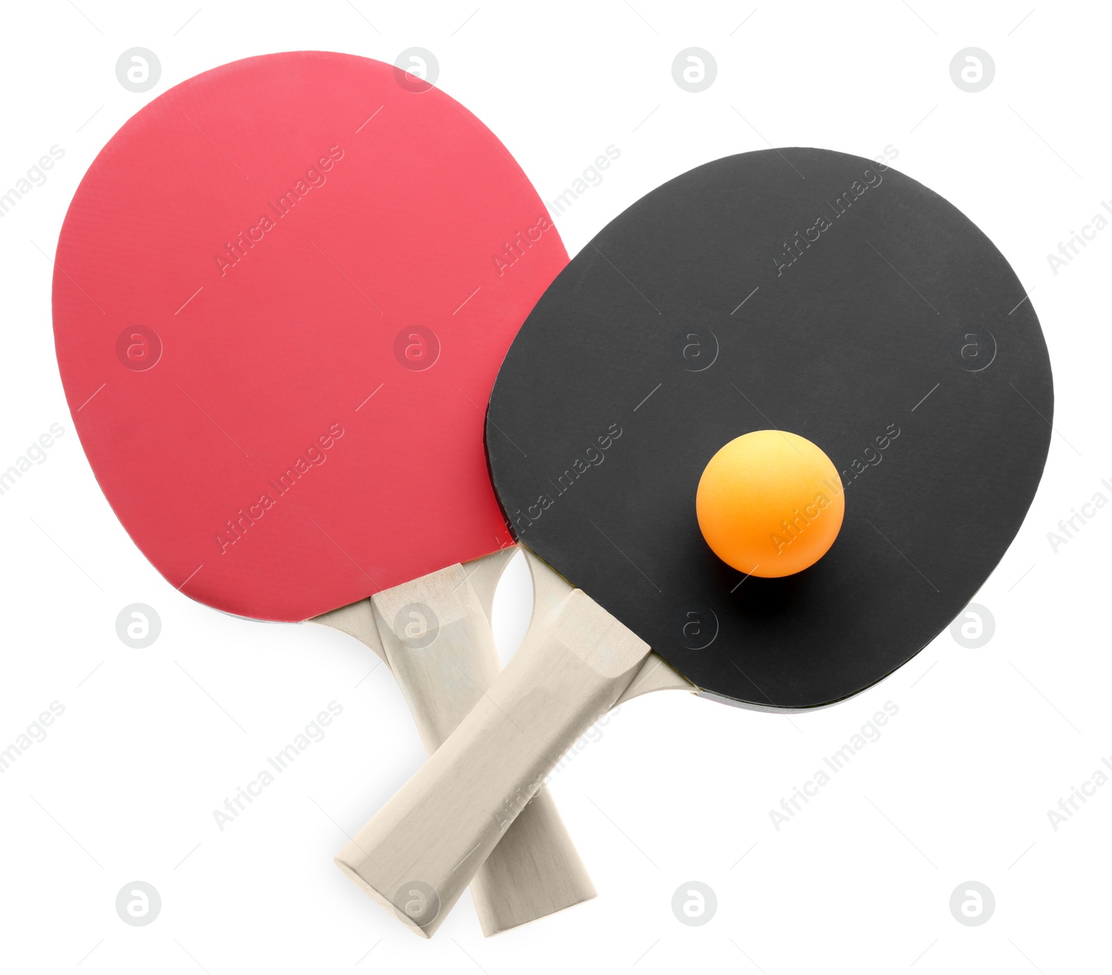 Photo of Ping pong rackets and ball isolated on white, top view