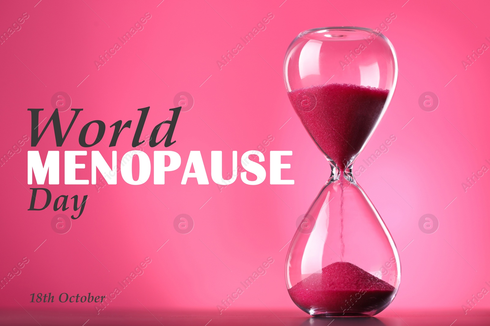 Image of World Menopause Day - October, 18. Hourglass with red sand on bright pink background