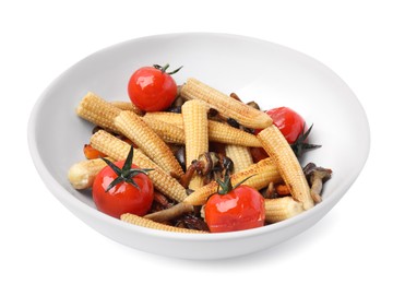 Photo of Tasty roasted baby corn with tomatoes and mushrooms isolated on white