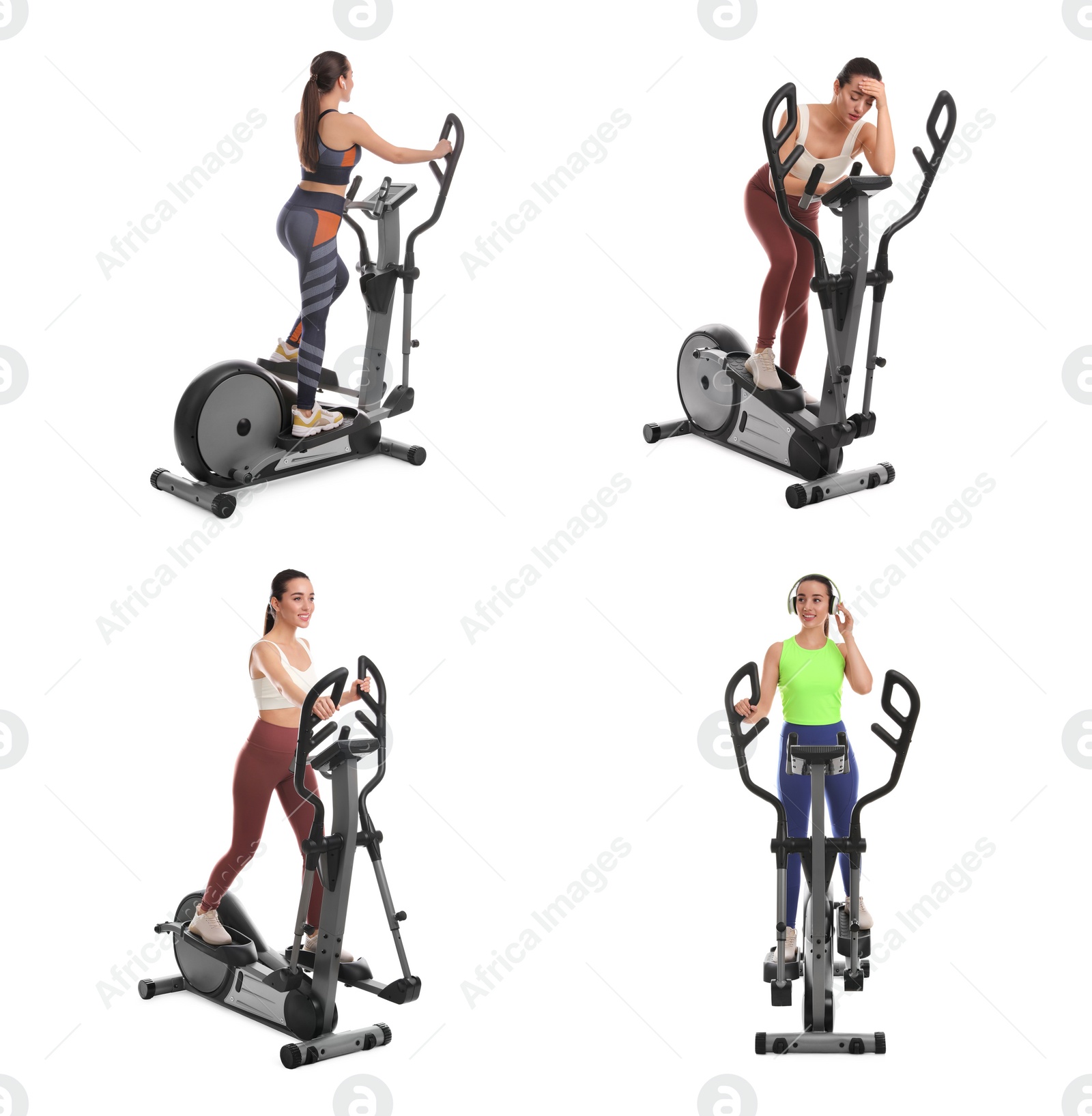 Image of Woman using modern elliptical machine on white background, collage 