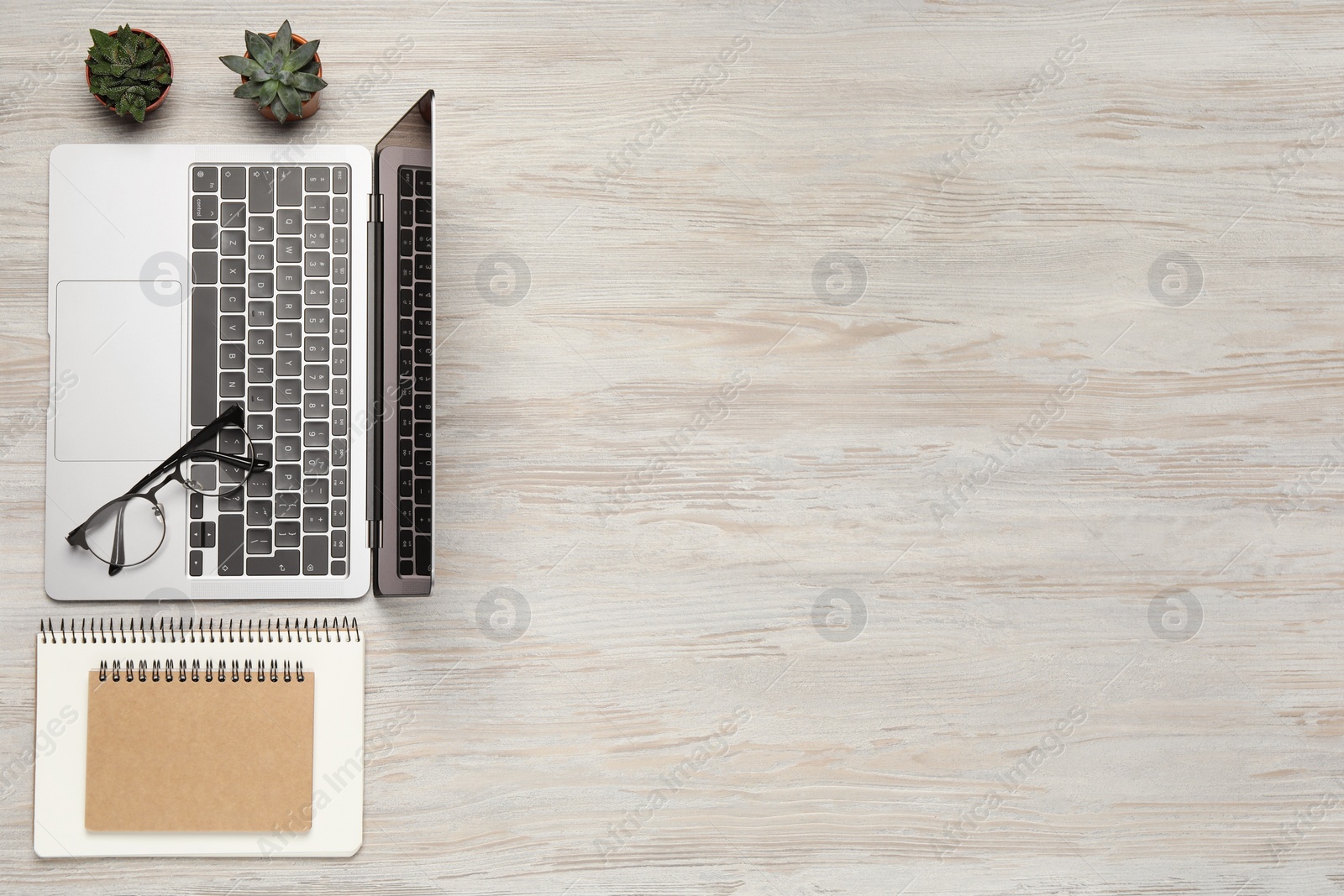 Photo of Modern laptop, houseplants, notebooks and glasses on wooden table, flat lay