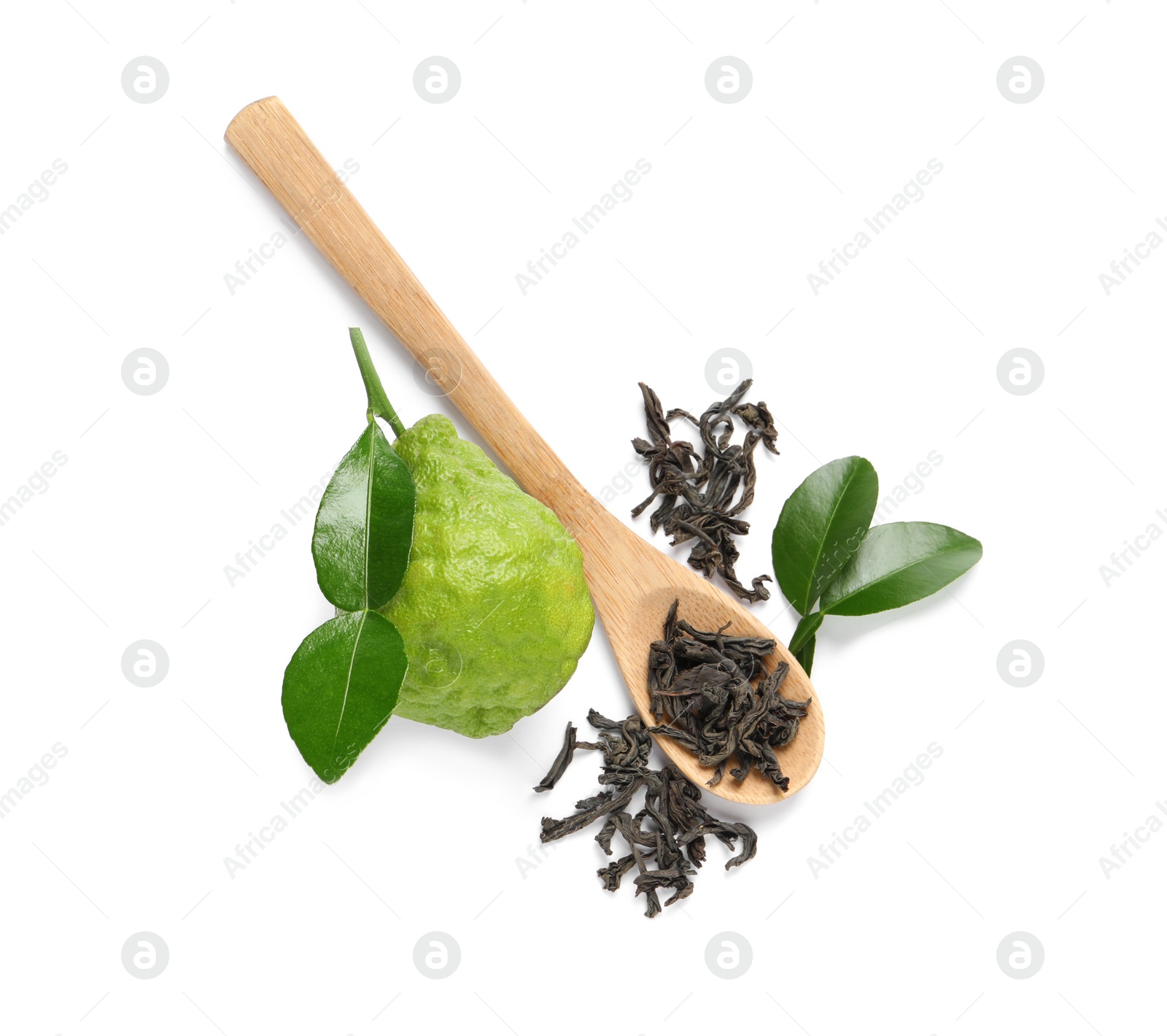 Photo of Dry bergamot tea leaves, wooden spoon and fresh fruit on white background, top view