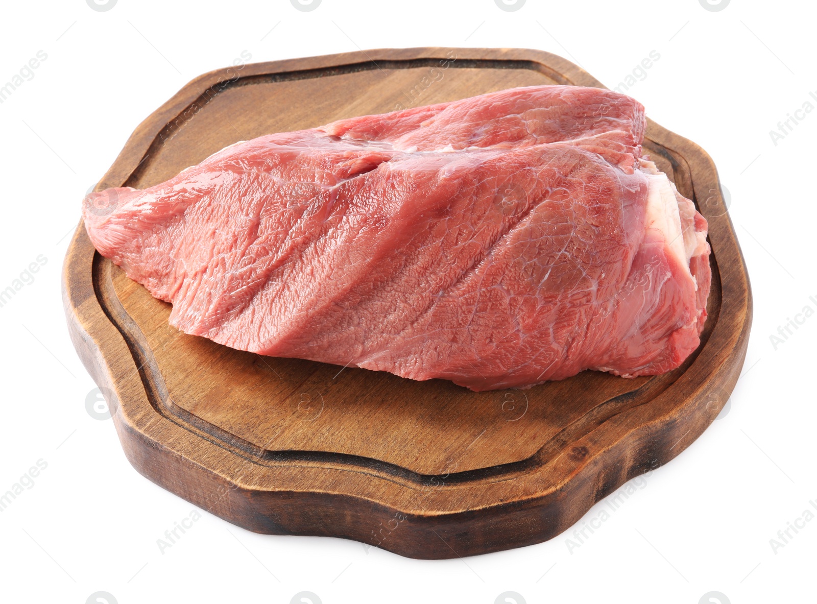 Photo of Wooden board with piece of raw beef meat isolated on white