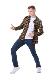Photo of Full length portrait of happy teenage boy on white background