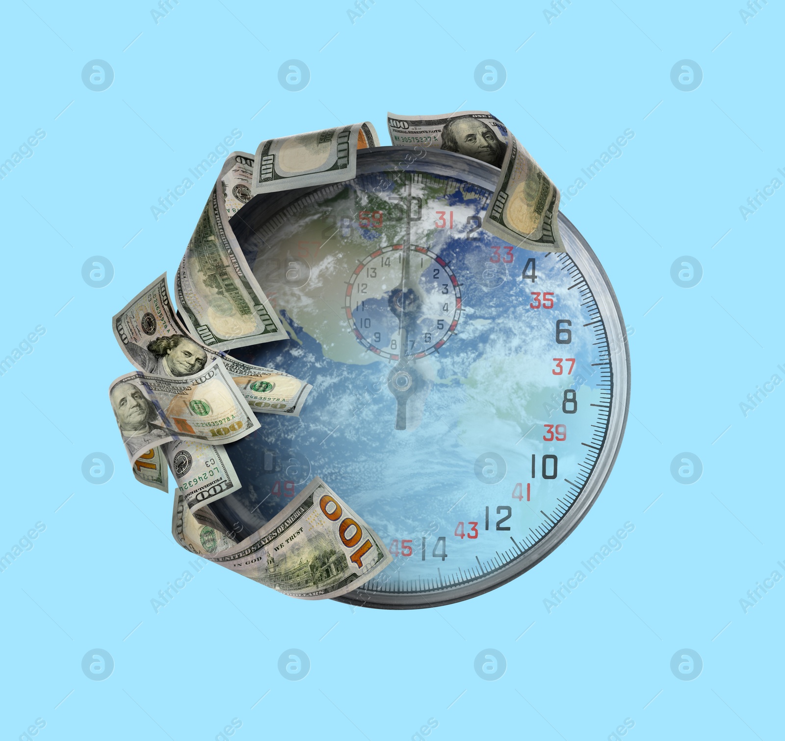 Image of Speed of money transaction. Double exposure of planet and stopwatch with dollar banknotes on light blue background, illustration