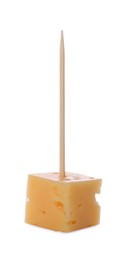 Photo of Toothpick appetizer. Tasty cheese piece on white background