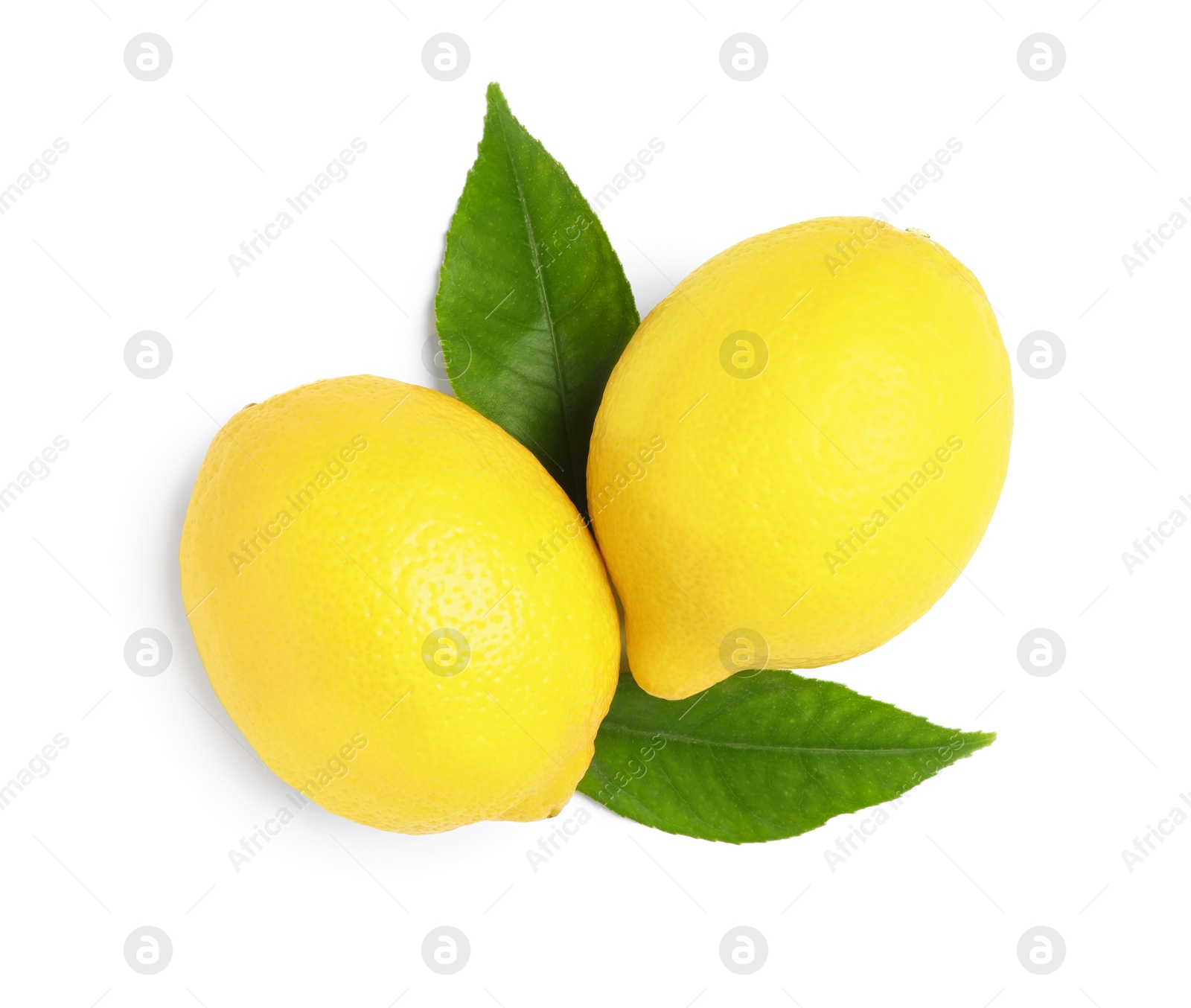 Photo of Cut and whole ripe lemons with green leaves on white background, top view