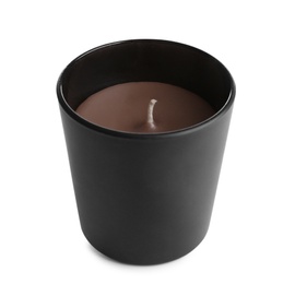 Photo of Aromatic candle in black holder isolated on white