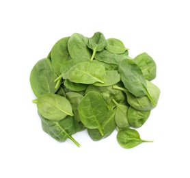 Pile of fresh spinach leaves isolated on white, top view