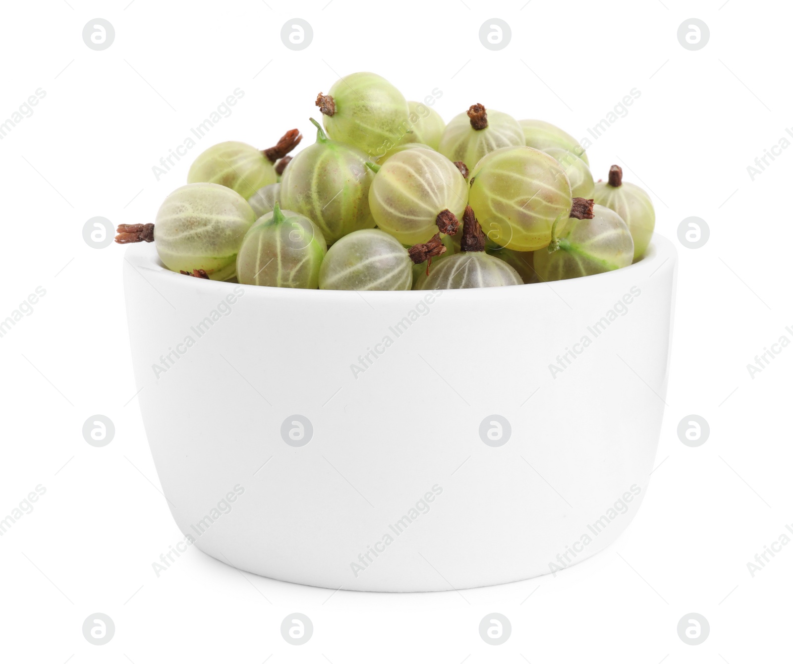 Photo of Ceramic bowl full of ripe gooseberries isolated on white