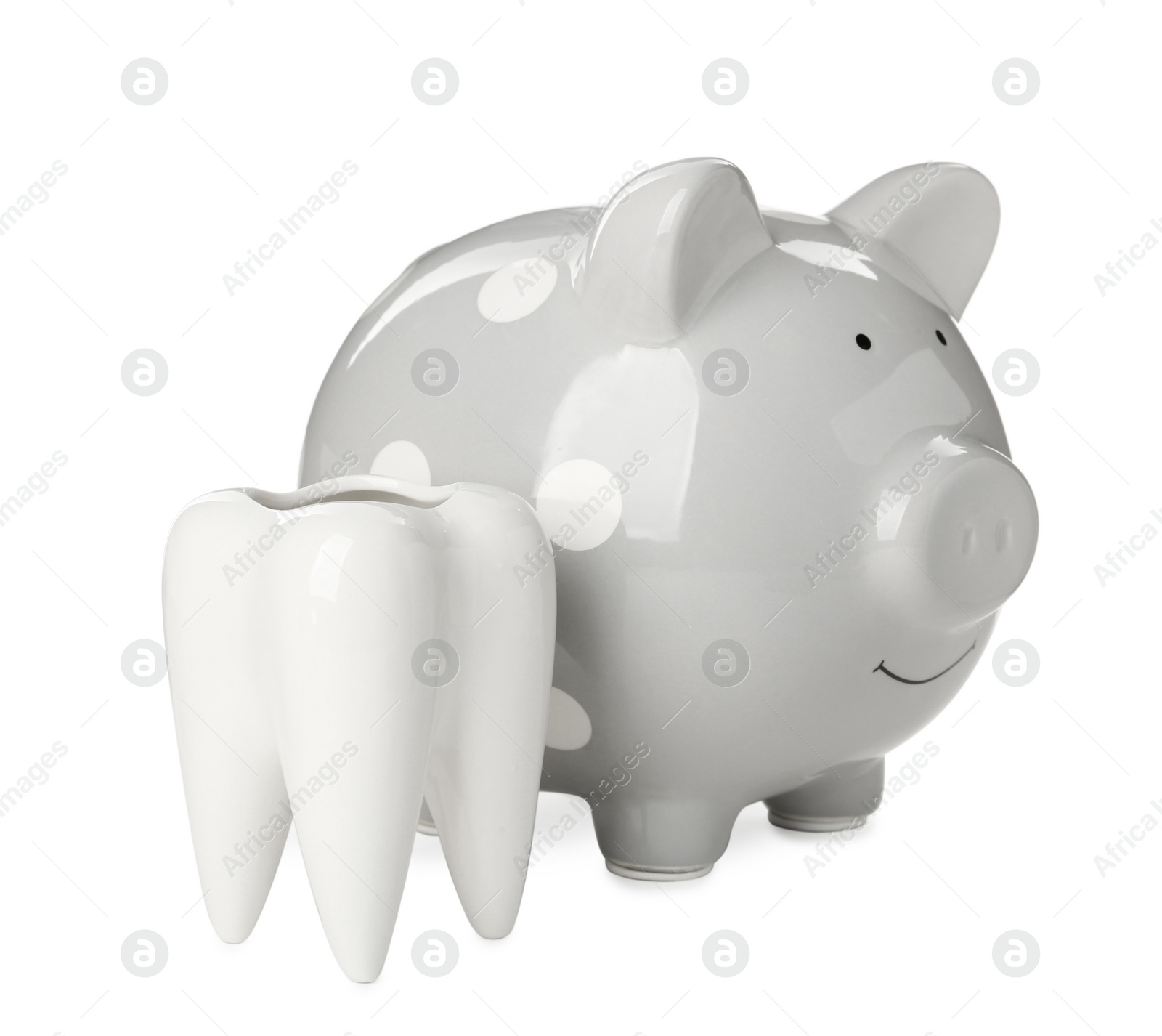 Photo of Ceramic model of tooth and piggy bank on white background. Expensive treatment