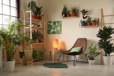 Stylish living room interior with home plants and lounge chair