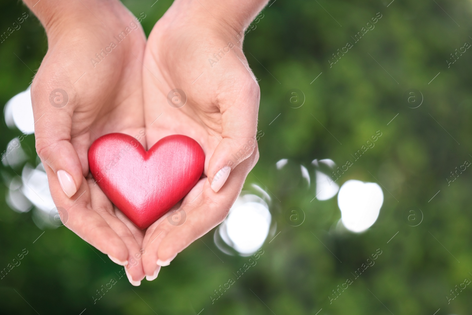 Photo of Young woman holding red heart on blurred green background, closeup with space for text. Donation concept