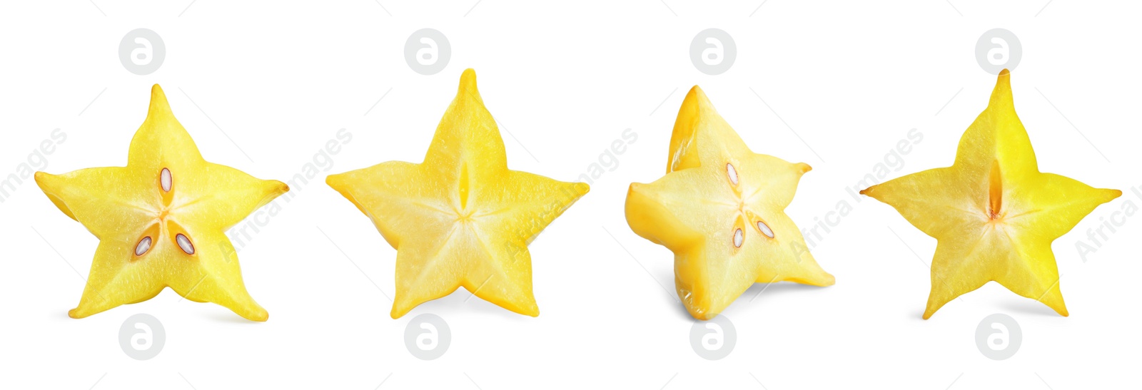 Image of Set with slices of delicious carambola on white background, banner design