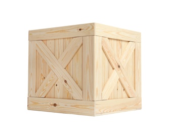 Photo of New wooden crate isolated on white. Delivery service