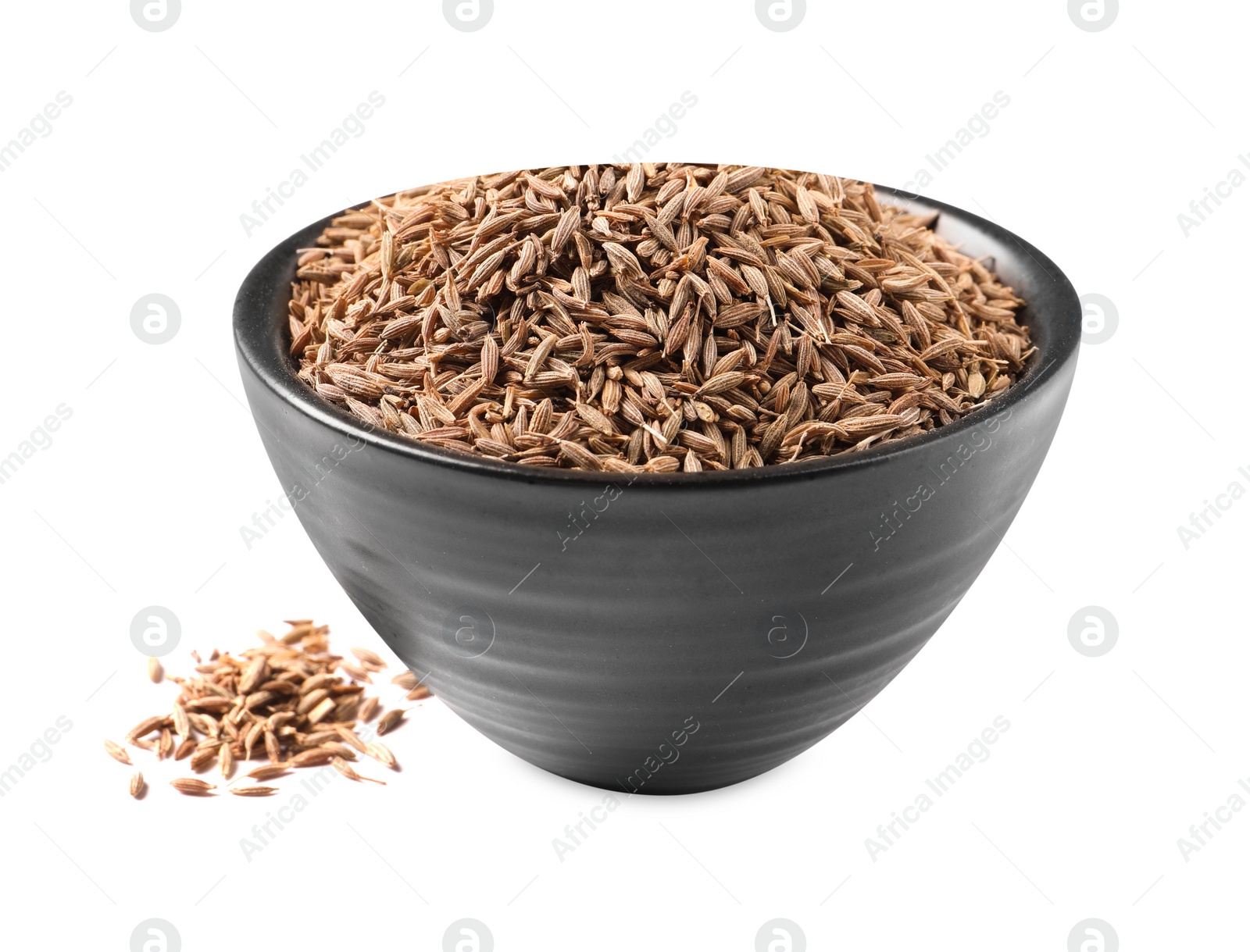 Photo of Bowl of aromatic caraway (Persian cumin) seeds isolated on white