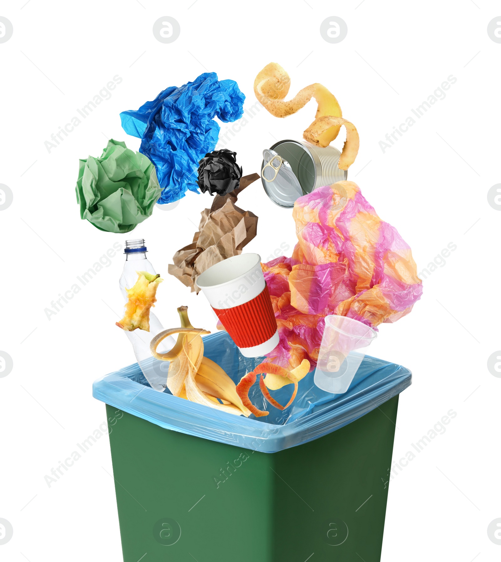 Image of Different garbage falling into trash bin with rubbish bag on white background