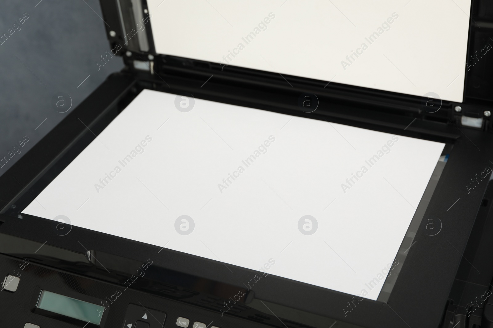 Photo of Open modern printer with blank paper, closeup view