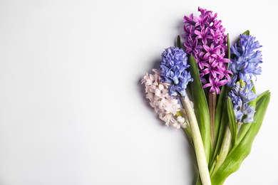 Photo of Beautiful spring hyacinth flowers on white background, top view. Space for text