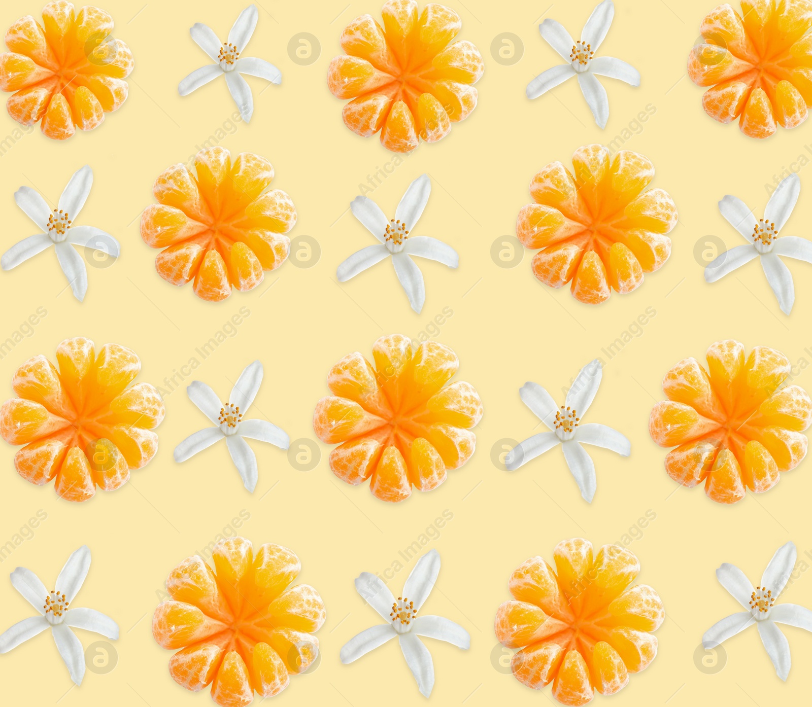 Image of Pattern of peeled tangerines and flowers on pale light orange background