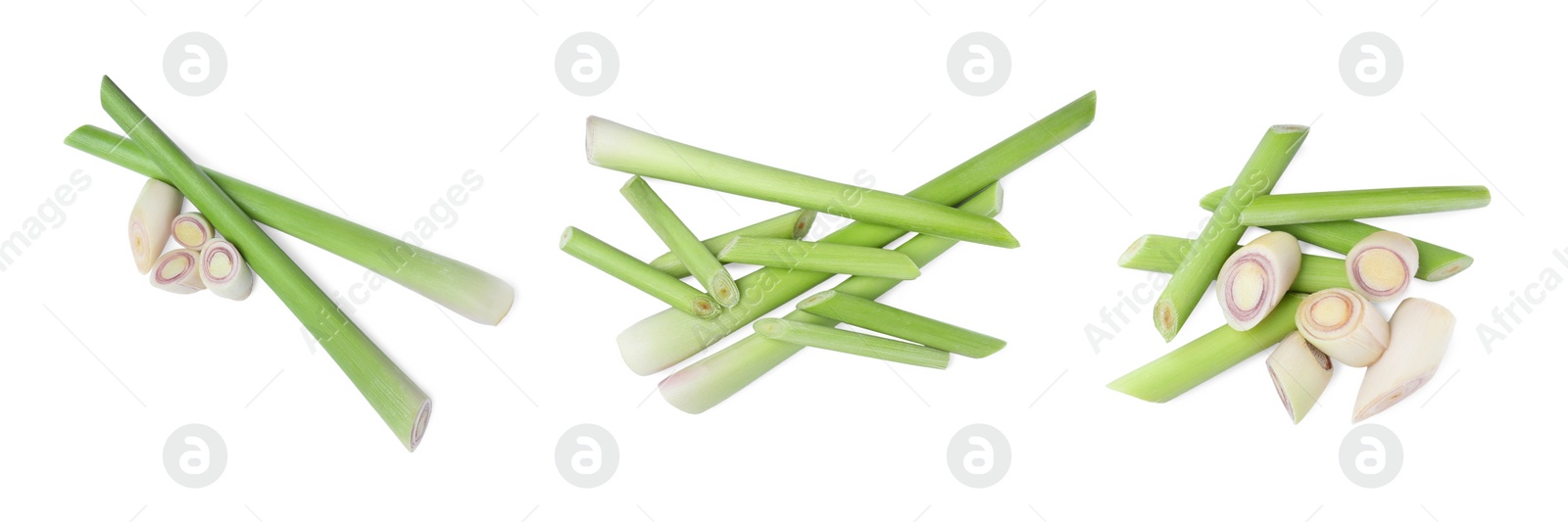 Image of Set with aromatic fresh lemongrass on white background, top view. Banner design