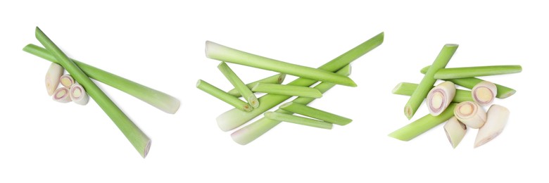 Image of Set with aromatic fresh lemongrass on white background, top view. Banner design