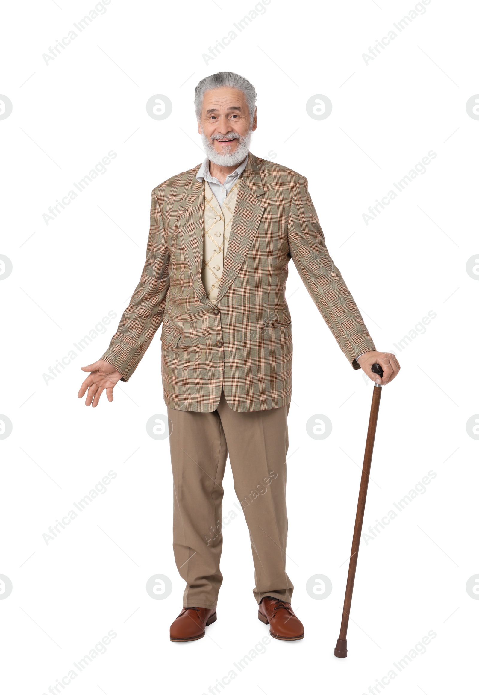 Photo of Senior man with walking cane on white background