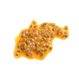 Photo of Passion fruit seeds on white background, top view