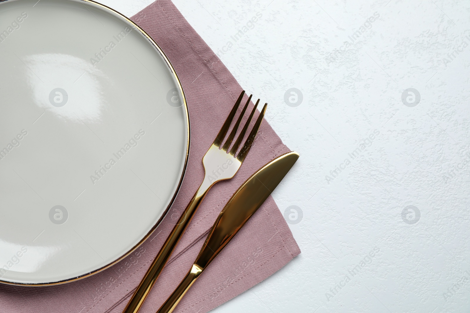 Photo of Beautiful table setting on white background, flat lay. Space for text