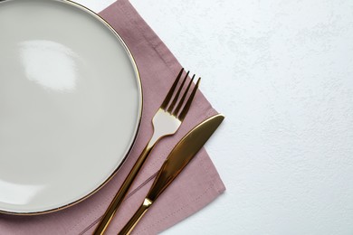 Photo of Beautiful table setting on white background, flat lay. Space for text