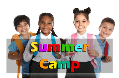 Image of Group of little children with backpacks on white background. Summer camp