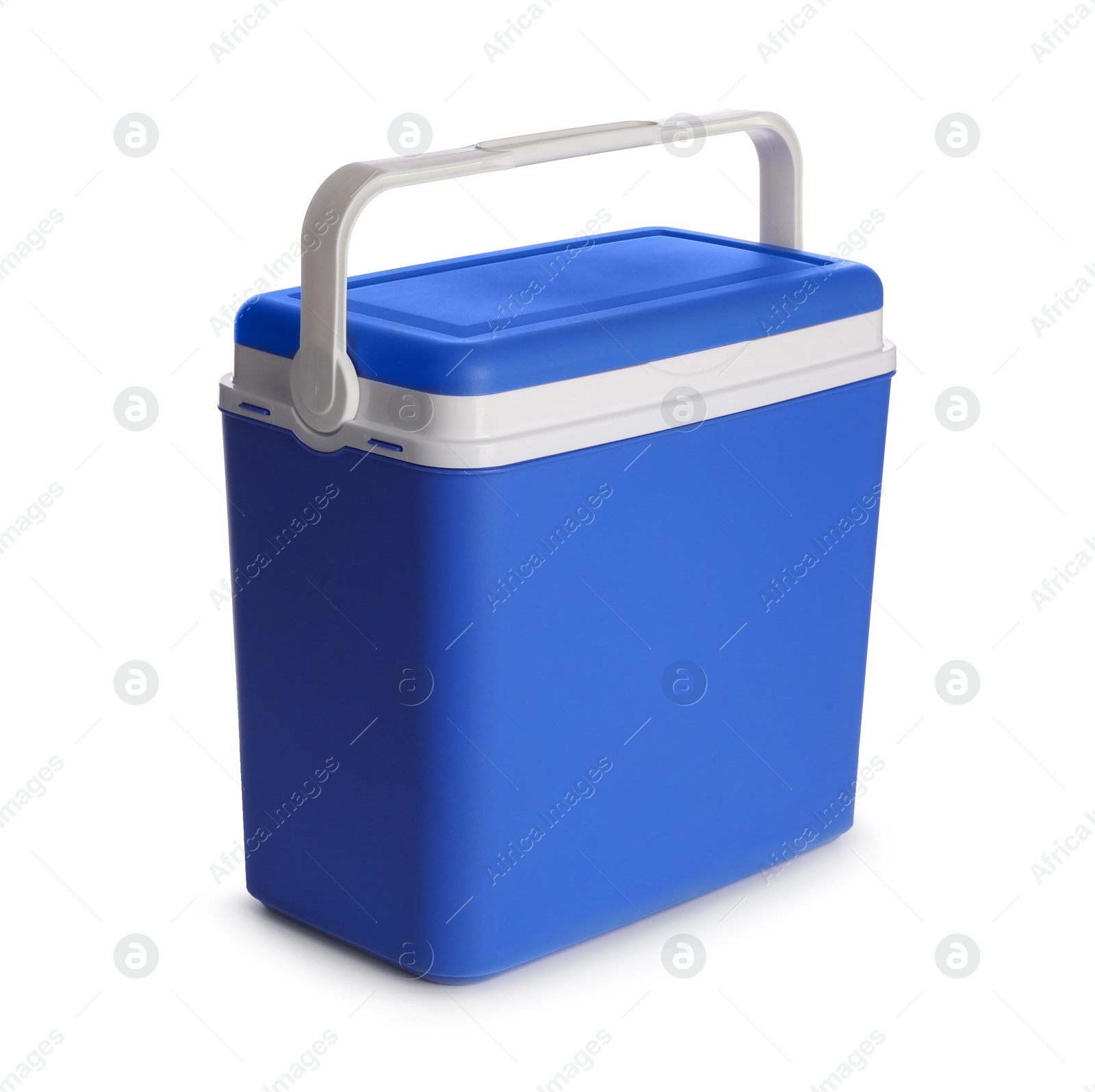 Photo of Closed blue plastic cool box isolated on white