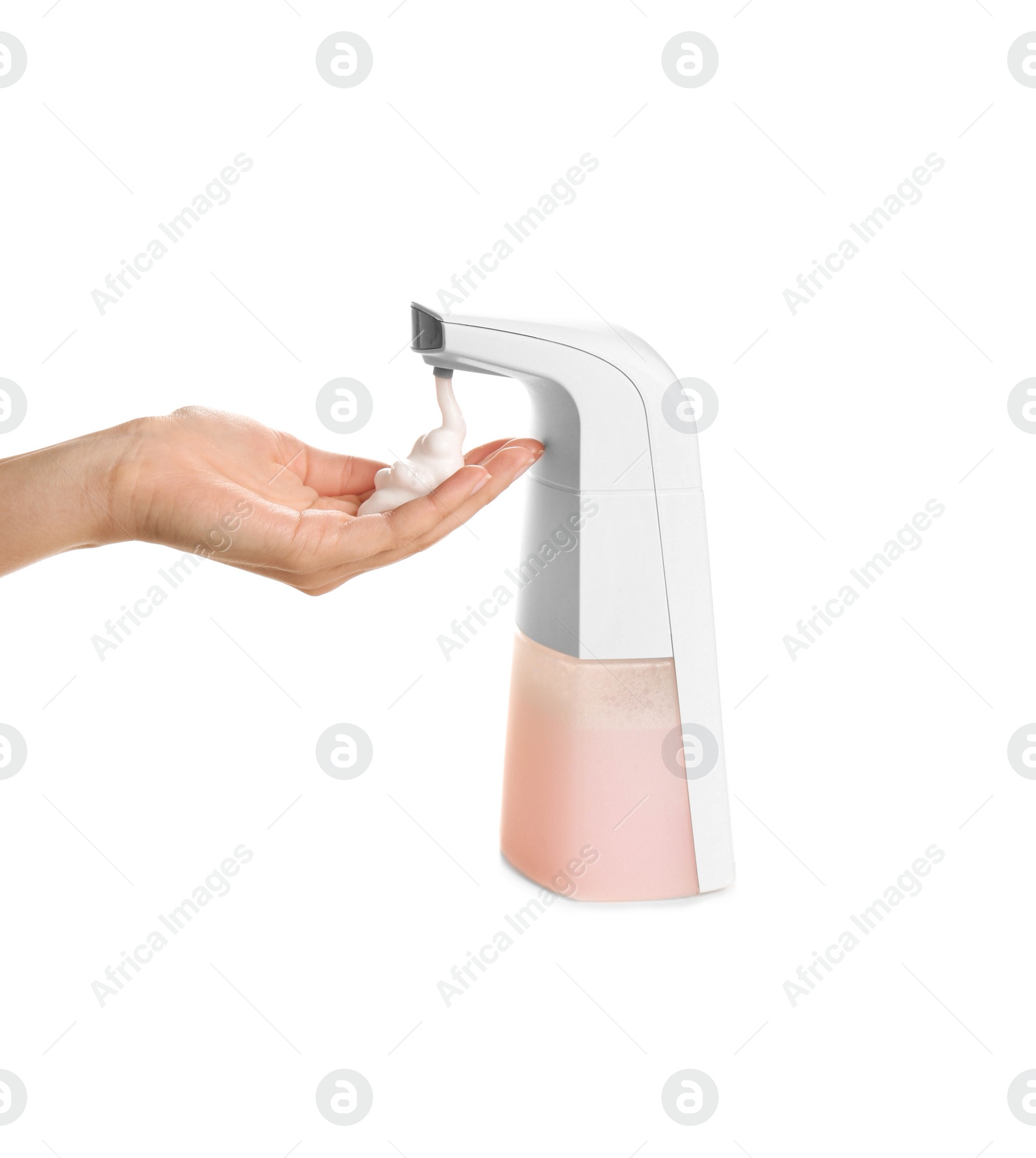 Photo of Woman using automatic soap dispenser on white background, closeup