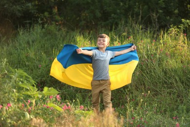 Little boy running with national flag of Ukraine in field