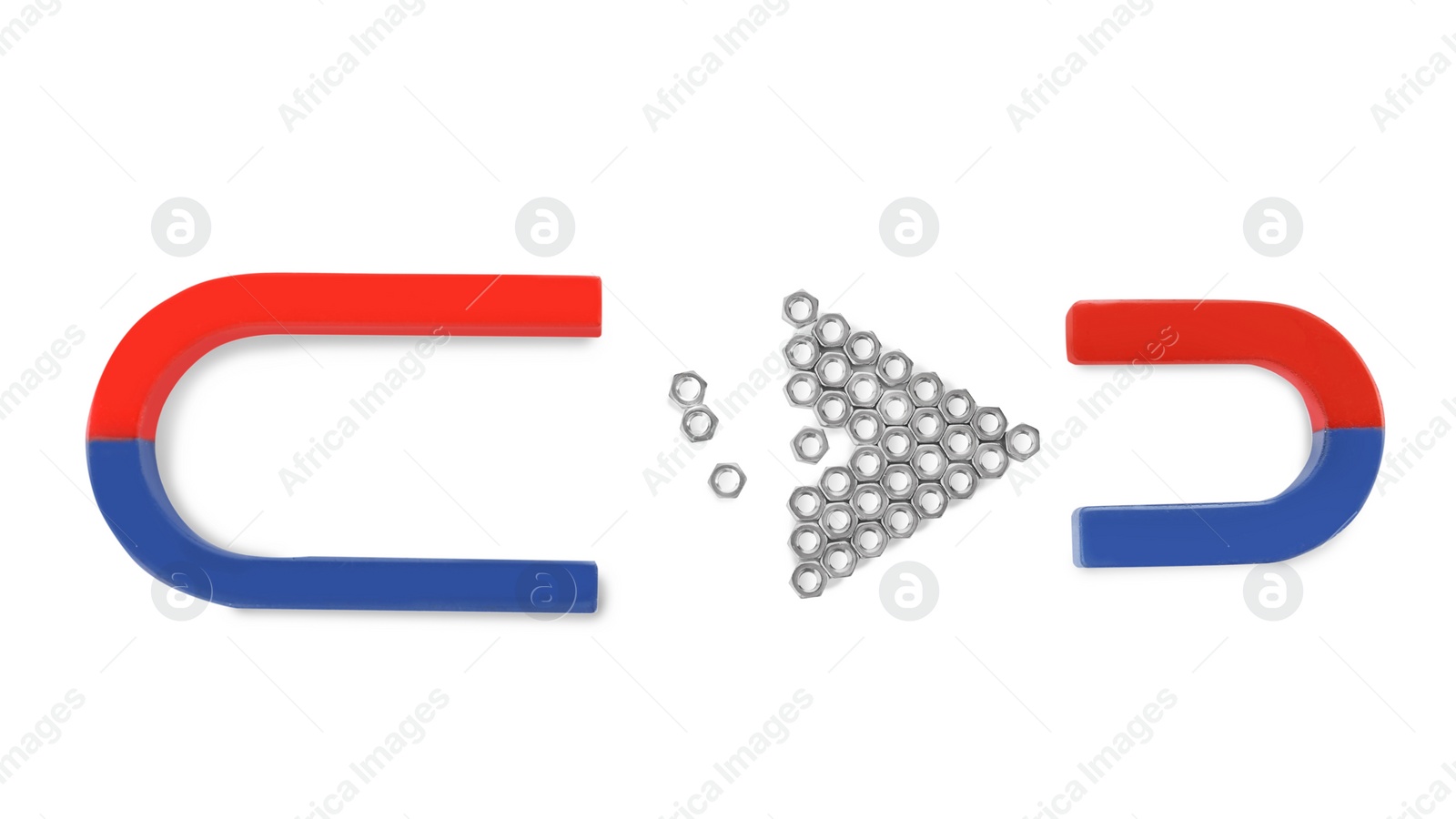 Photo of Magnets attracting metal nuts on white background, top view