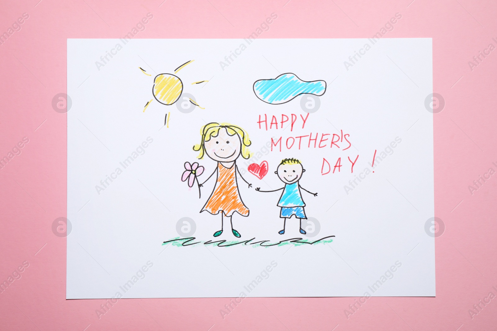 Photo of Handmade greeting card for Mother's Day on pink background, top view