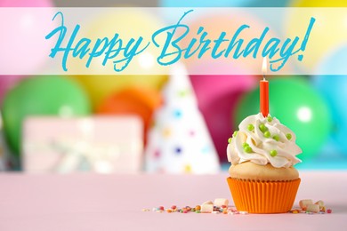 Happy Birthday! Delicious cupcake with candle on pink table against blurred background 