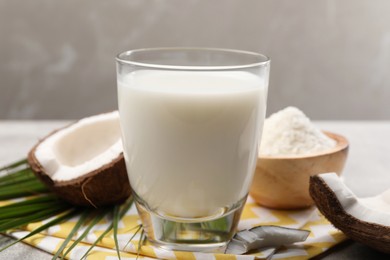 Glass of delicious coconut milk, flakes, palm leaf and coconuts on light grey table