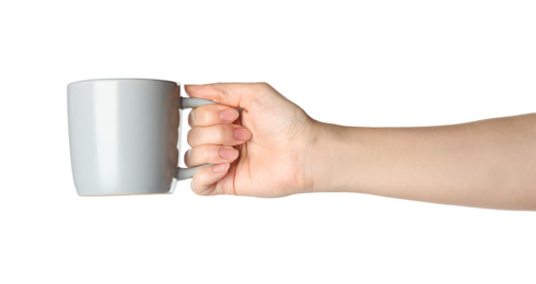 Photo of Woman holding cup on white background, closeup