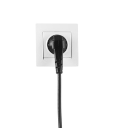 Power socket and plug on white background. Electrician's equipment