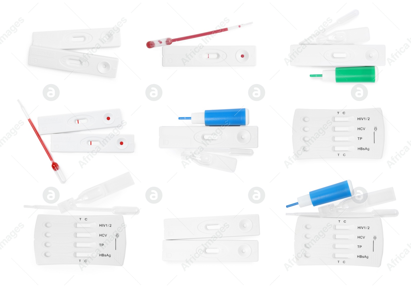 Image of Set with disposable express test kits for hepatitis on white background, top view